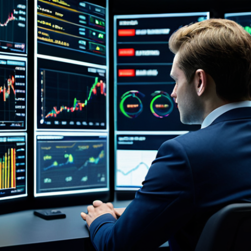 Home 6 A professional financial analyst, fully clothed in a modest business suit, sitting comfortably in a modern, high-tech control room filled with large, illuminated data screens displaying complex financial charts and global market indicators. The atmosphere is calm and focused, with subtle futuristic elements suggesting advanced AI monitoring. The analyst looks confident and in control, gesturing slightly towards a screen. The image features perfect anatomy, correct proportions, well-formed hands, proper finger count, natural body proportions, natural pose, professional photography, high quality, safe for work, appropriate content, fully clothed, professional dress.