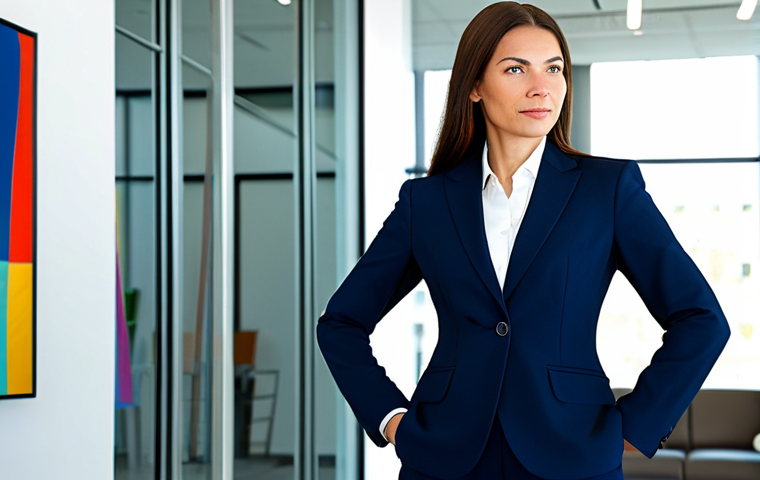 Modern Businesswoman**

"A professional businesswoman in a tailored, dark blue business suit, standing confidently in a brightly lit, modern office lobby with glass walls and contemporary art, fully clothed, appropriate attire, safe for work, perfect anatomy, correct proportions, natural pose, professional photography, high quality, family-friendly."

**