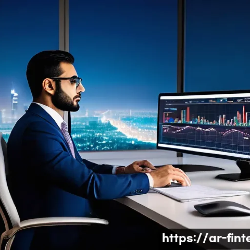 빅데이터 분석 기반 주식 투자 - A modern Arab financial analyst sitting at a sleek desk in a high-tech office overlooking a Middle E...