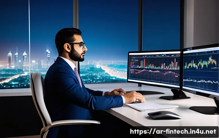 빅데이터 분석 기반 주식 투자 - A modern Arab financial analyst sitting at a sleek desk in a high-tech office overlooking a Middle E...