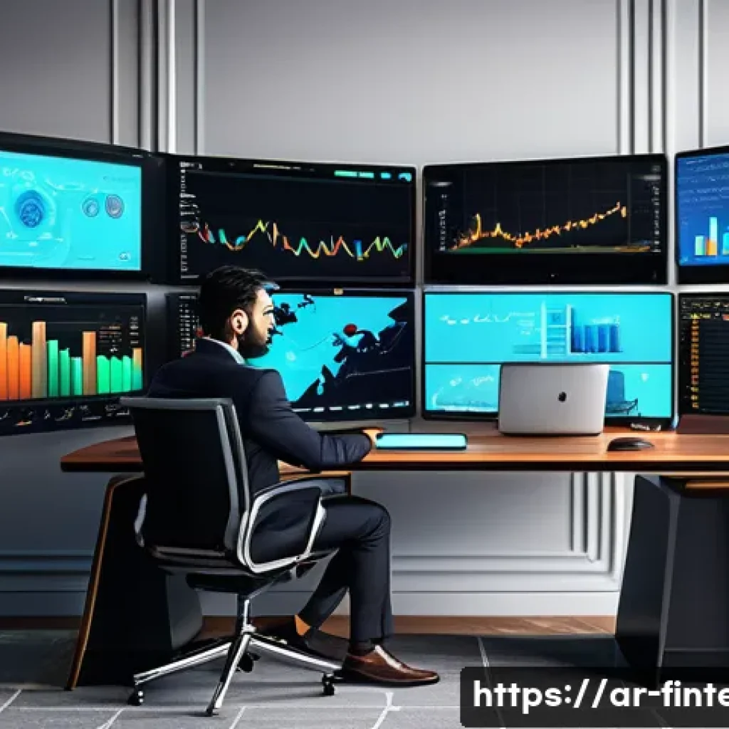 디지털 자산 투자 기술 - A detailed digital art scene showing a modern Middle Eastern investor sitting at a sleek desk with m...