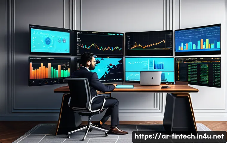 디지털 자산 투자 기술 - A detailed digital art scene showing a modern Middle Eastern investor sitting at a sleek desk with m...
