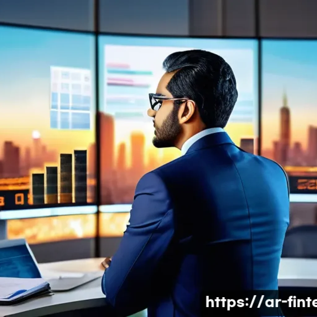 금융 빅데이터 활용 - A modern Middle Eastern financial analyst in a sleek office overlooking a city skyline at sunset, an...