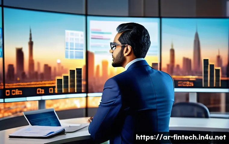 금융 빅데이터 활용 - A modern Middle Eastern financial analyst in a sleek office overlooking a city skyline at sunset, an...