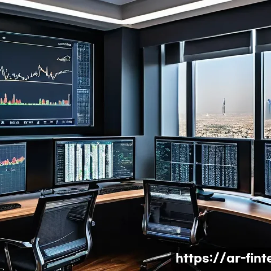 주식 투자 분석 도구 - A detailed financial analyst&rsquo;s desk in a modern office setting, featuring multiple high-resolution c...