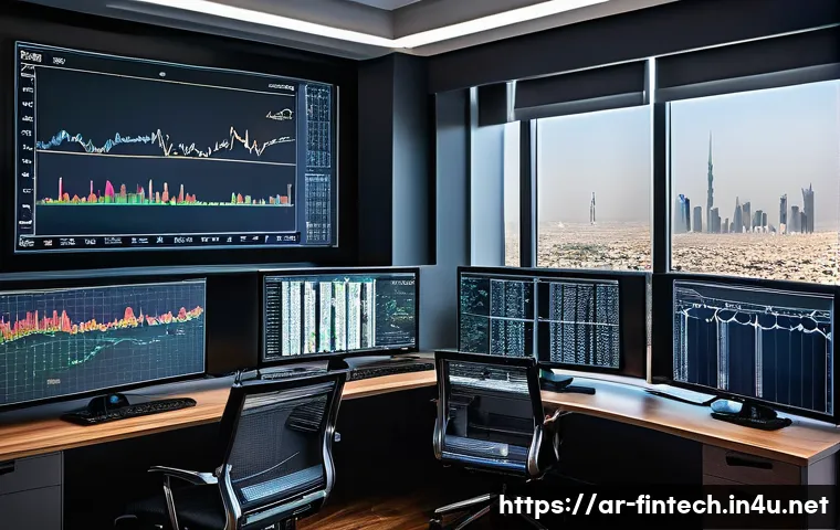 주식 투자 분석 도구 - A detailed financial analyst&rsquo;s desk in a modern office setting, featuring multiple high-resolution c...
