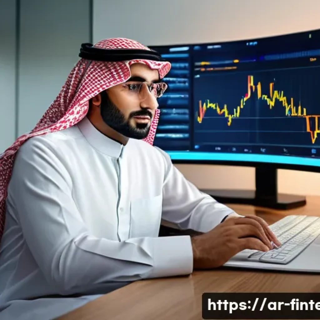 핀테크 주식 투자 시뮬레이터 - A modern Arabic investor sitting confidently at a sleek desk in a contemporary home office, focused ...