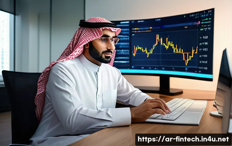 핀테크 주식 투자 시뮬레이터 - A modern Arabic investor sitting confidently at a sleek desk in a contemporary home office, focused ...