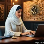 Home 21 디지털 화폐 관리 기술 - A detailed digital art scene depicting a Middle Eastern professional woman wearing modest traditiona...