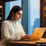 Home 20 디지털 뱅킹 서비스와 재테크 - A modern Middle Eastern woman using a sleek smartphone app for managing personal finances, sitting c...