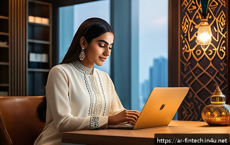 디지털 뱅킹 서비스와 재테크 - A modern Middle Eastern woman using a sleek smartphone app for managing personal finances, sitting c...