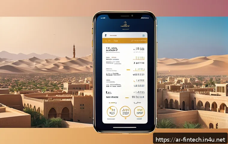 핀테크와 빅데이터 결합 사례 - A sophisticated digital financial dashboard interface displayed on a smartphone held by an Arabic-sp...