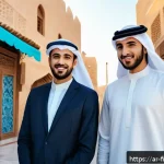 Home 18 P2P 대출 기술 발전 - A vibrant digital marketplace scene in a modern Middle Eastern city, showcasing diverse young Arab e...