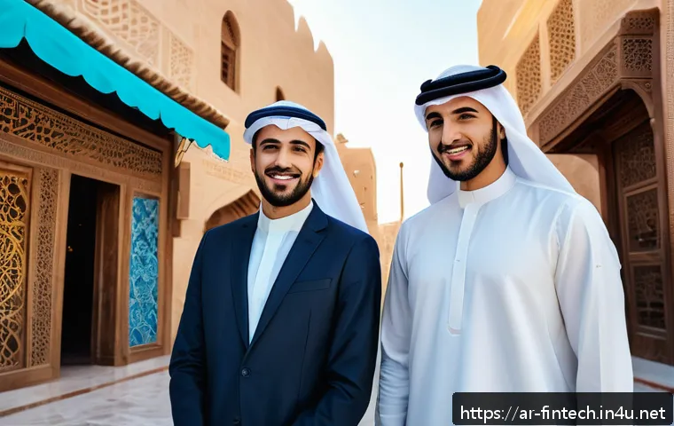 P2P 대출 기술 발전 - A vibrant digital marketplace scene in a modern Middle Eastern city, showcasing diverse young Arab e...