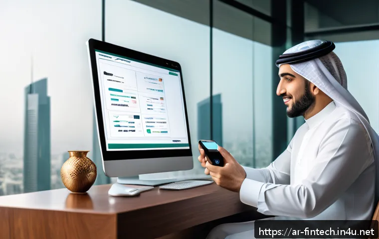 블록체인 기반 금융 서비스 - A detailed digital art scene depicting an Arab user confidently managing blockchain-based financial ...