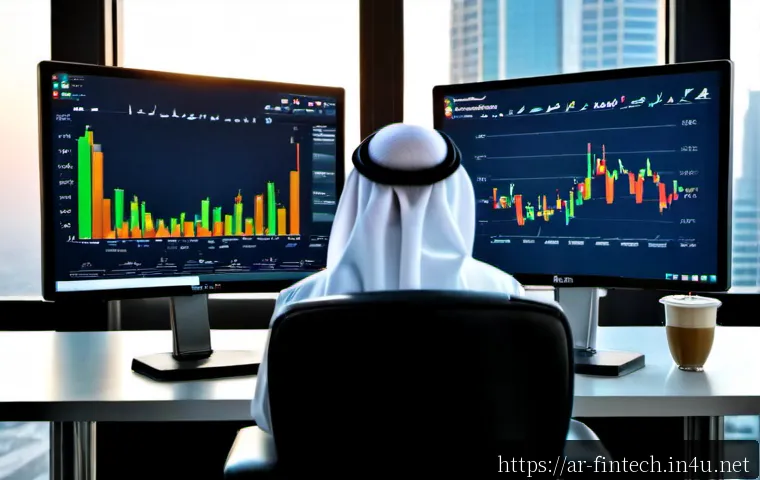 Home 17 주식 시장 분석 AI 기술 - Photorealistic modern financial analyst workspace in Dubai, Arab professional wearing modest busines...