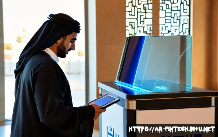 블록체인 기반 투표 시스템 - Photorealistic modern voting station in an elegant Middle Eastern civic center, an Arab adult voter ...