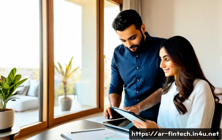로보 어드바이저 투자 - Photorealistic Middle Eastern couple in modest contemporary clothing reviewing a robo-advisor invest...